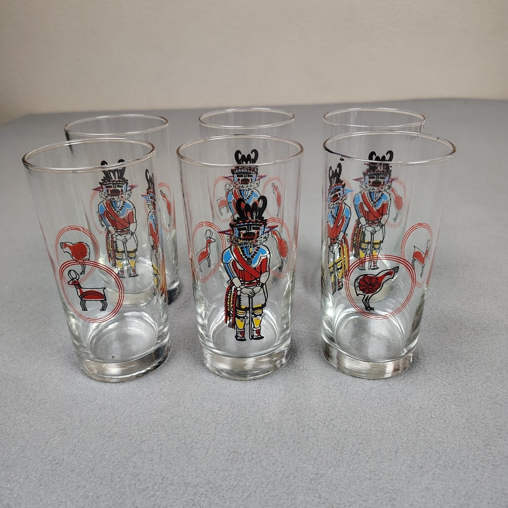 Vintage 60s Libbey Hopi Kachina Doll Tumbler Glasses (6pk) Flagstaff Arizona EC